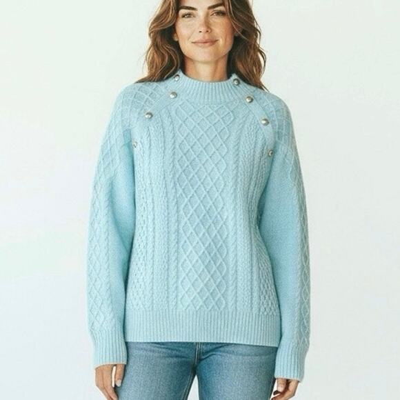 Talbots Women’s XL 16/18  Blue Cable Knit Mock Neck Sweater Silver Buttons - Picture 2 of 12